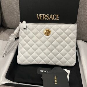 New Versace Medusa White Quilted Wristlet Bag